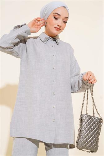 3807 Yakası Taşlı Düğmeli Keten İkili Takım - Gri