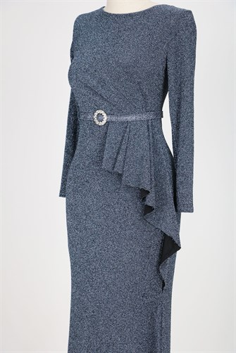 38724 Fırfırlı Kemerli Uzun Kol Simli Elbise - Antrasit