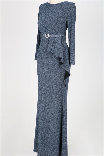 38724 Fırfırlı Kemerli Uzun Kol Simli Elbise - Antrasit