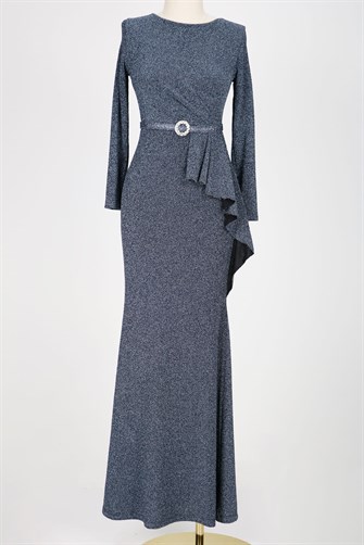 38724 Fırfırlı Kemerli Uzun Kol Simli Elbise - Antrasit