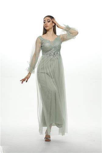 38741 Belli Aplikli Üzeri Dantel Tül Elbise - Mint Yeşili