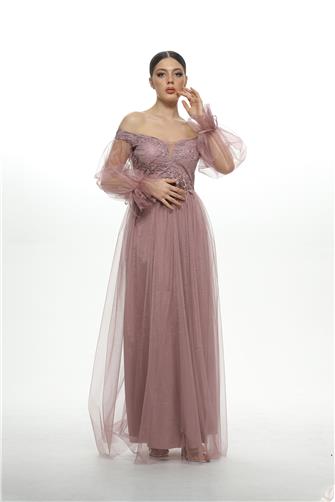 38741 Belli Aplikli Üzeri Dantel Tül Elbise - Gül Kurusu