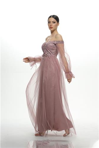 38741 Belli Aplikli Üzeri Dantel Tül Elbise - Gül Kurusu