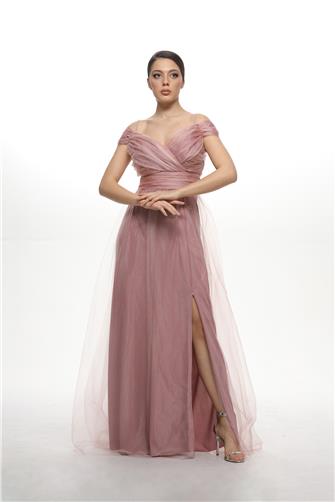 38748-5 Büzgülü Tül Etek Askılı Uzun Elbise - Gül Kurusu