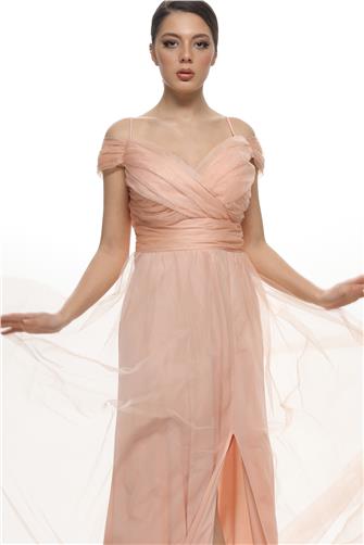 38748-5 Büzgülü Tül Etek Askılı Uzun Elbise - Yavruağzı