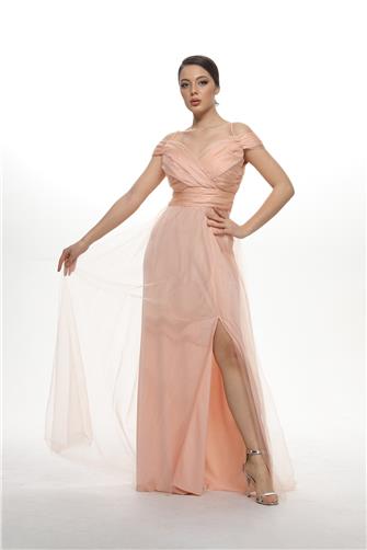 38748-5 Büzgülü Tül Etek Askılı Uzun Elbise - Yavruağzı