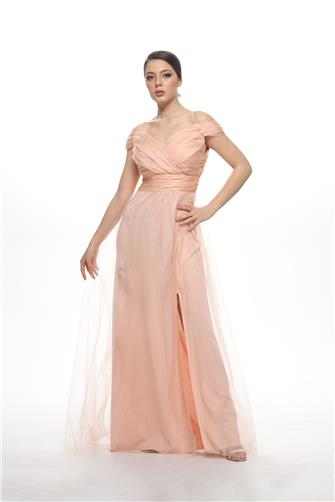 38748-5 Büzgülü Tül Etek Askılı Uzun Elbise - Yavruağzı