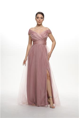 38748-5 Büzgülü Tül Etek Askılı Uzun Elbise - Gül Kurusu