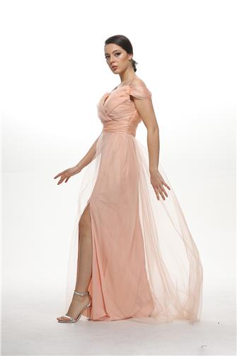 38748-5 Büzgülü Tül Etek Askılı Uzun Elbise - Yavruağzı