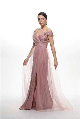 38748-5 Büzgülü Tül Etek Askılı Uzun Elbise - Gül Kurusu