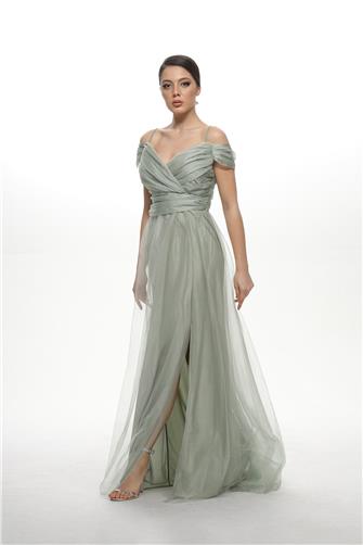 38748-5 Büzgülü Tül Etek Askılı Uzun Elbise - Mint Yeşili