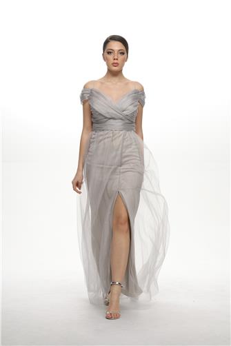 38748-5 Büzgülü Tül Etek Askılı Uzun Elbise - Gri