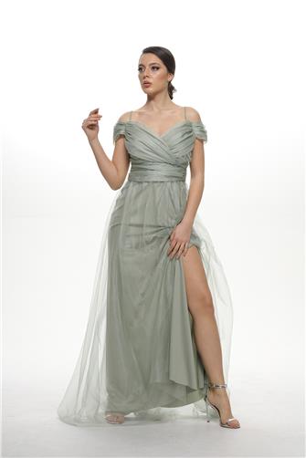 38748-5 Büzgülü Tül Etek Askılı Uzun Elbise - Mint Yeşili