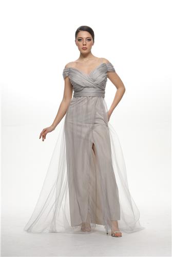 38748-5 Büzgülü Tül Etek Askılı Uzun Elbise - Gri