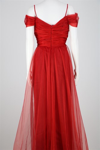 38748-5 Büzgülü Tül Etek Askılı Uzun Elbise - Kırmızı