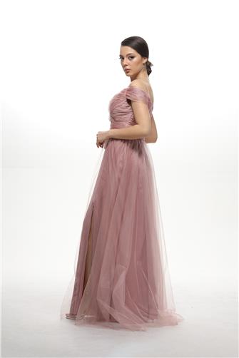 38748-5 Büzgülü Tül Etek Askılı Uzun Elbise - Gül Kurusu