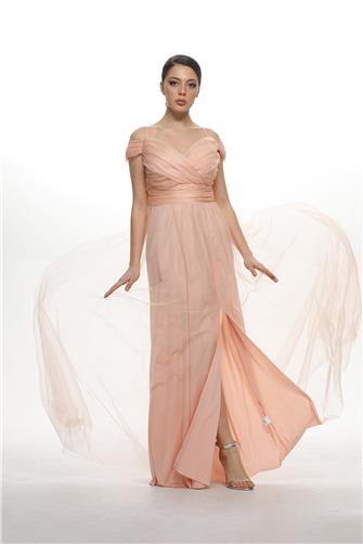 38748-5 Büzgülü Tül Etek Askılı Uzun Elbise - Yavruağzı