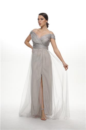 38748-5 Büzgülü Tül Etek Askılı Uzun Elbise - Gri