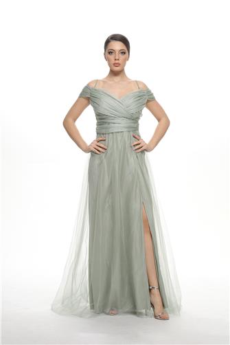 38748-5 Büzgülü Tül Etek Askılı Uzun Elbise - Mint Yeşili