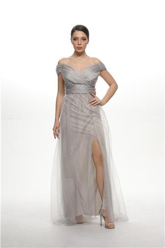 38748-5 Büzgülü Tül Etek Askılı Uzun Elbise - Gri