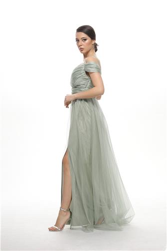 38748-5 Büzgülü Tül Etek Askılı Uzun Elbise - Mint Yeşili