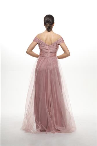 38748-5 Büzgülü Tül Etek Askılı Uzun Elbise - Gül Kurusu