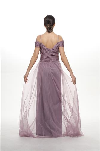 38748 Büzgülü Tül Etek Askılı Elbise - Lila