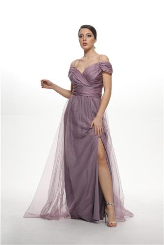 38748 Büzgülü Tül Etek Askılı Elbise - Lila