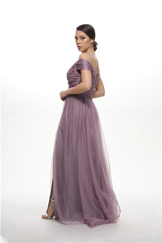 38748 Büzgülü Tül Etek Askılı Elbise - Lila
