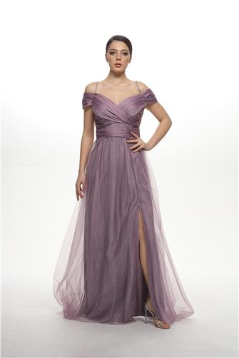 38748 Büzgülü Tül Etek Askılı Elbise - Lila