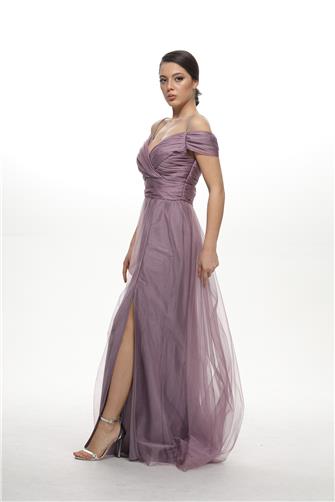 38748 Büzgülü Tül Etek Askılı Elbise - Lila