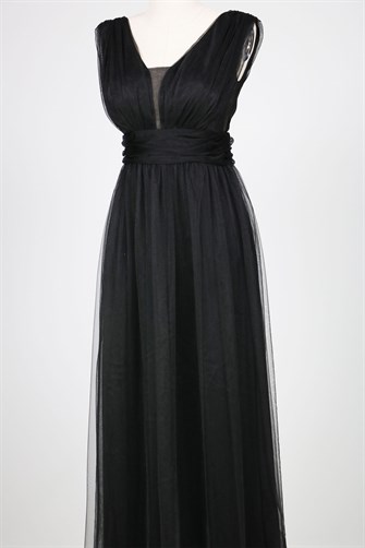 38752-5 Kolsuz Büzgülü Tül Elbise - Siyah