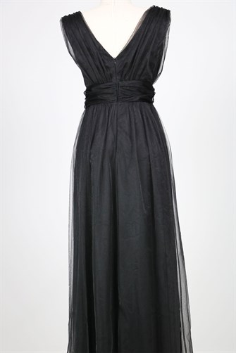 38752-5 Kolsuz Büzgülü Tül Elbise - Siyah