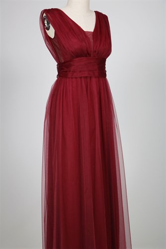 38752-5 Kolsuz Büzgülü Tül Elbise - Bordo