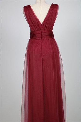 38752-5 Kolsuz Büzgülü Tül Elbise - Bordo