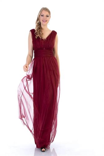 38752-5 Kolsuz Büzgülü Tül Elbise - Bordo