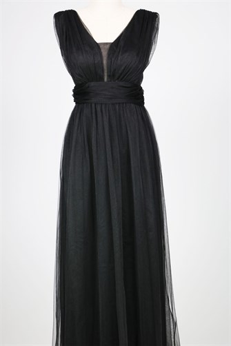 38752-5 Kolsuz Büzgülü Tül Elbise - Siyah