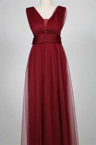 38752-5 Kolsuz Büzgülü Tül Elbise - Bordo