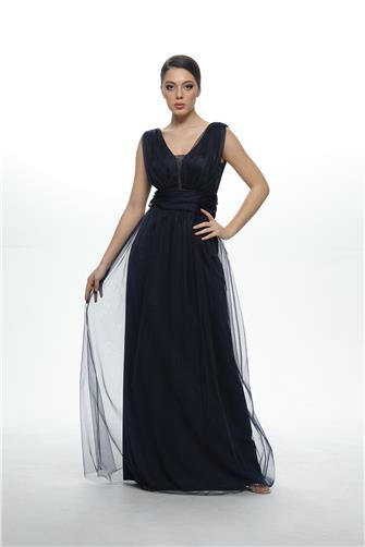 38752-5 Kolsuz Büzgülü Tül Elbise - Lacivert