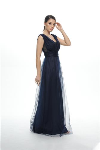 38752-5 Kolsuz Büzgülü Tül Elbise - Lacivert