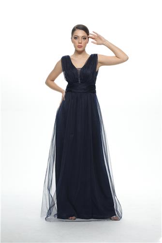 38752-5 Kolsuz Büzgülü Tül Elbise - Lacivert