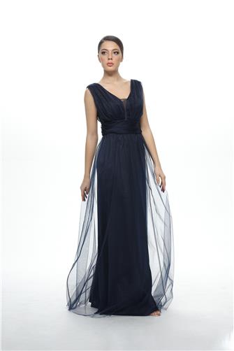 38752-5 Kolsuz Büzgülü Tül Elbise - Lacivert