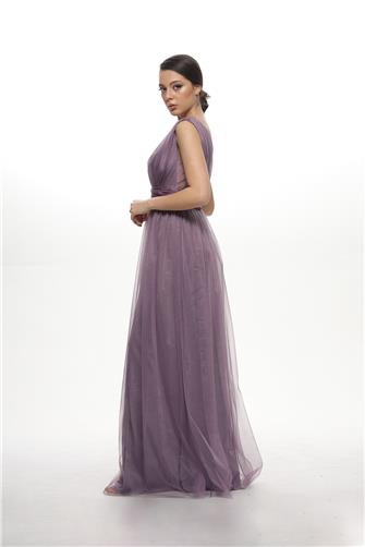 38752-5 Kolsuz Büzgülü Tül Elbise - Lila