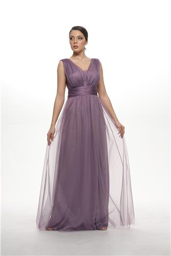 38752-5 Kolsuz Büzgülü Tül Elbise - Lila