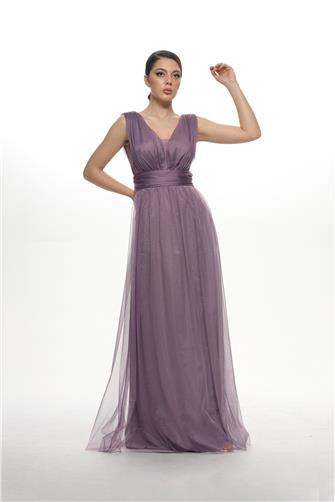 38752-5 Kolsuz Büzgülü Tül Elbise - Lila