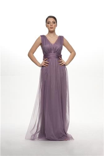 38752-5 Kolsuz Büzgülü Tül Elbise - Lila