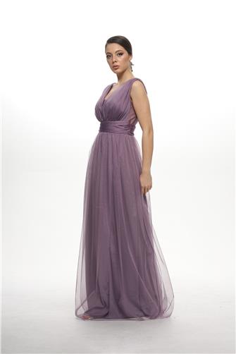 38752-5 Kolsuz Büzgülü Tül Elbise - Lila