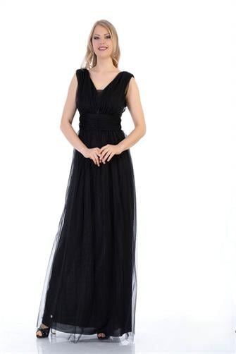 38752-5 Kolsuz Büzgülü Tül Elbise - Siyah