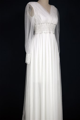 38812 Beli Pliseli Kol Ucu Dantel Elbise - Beyaz