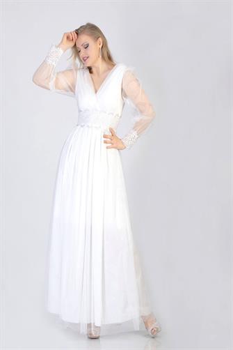 38812 Beli Pliseli Kol Ucu Dantel Elbise - Beyaz